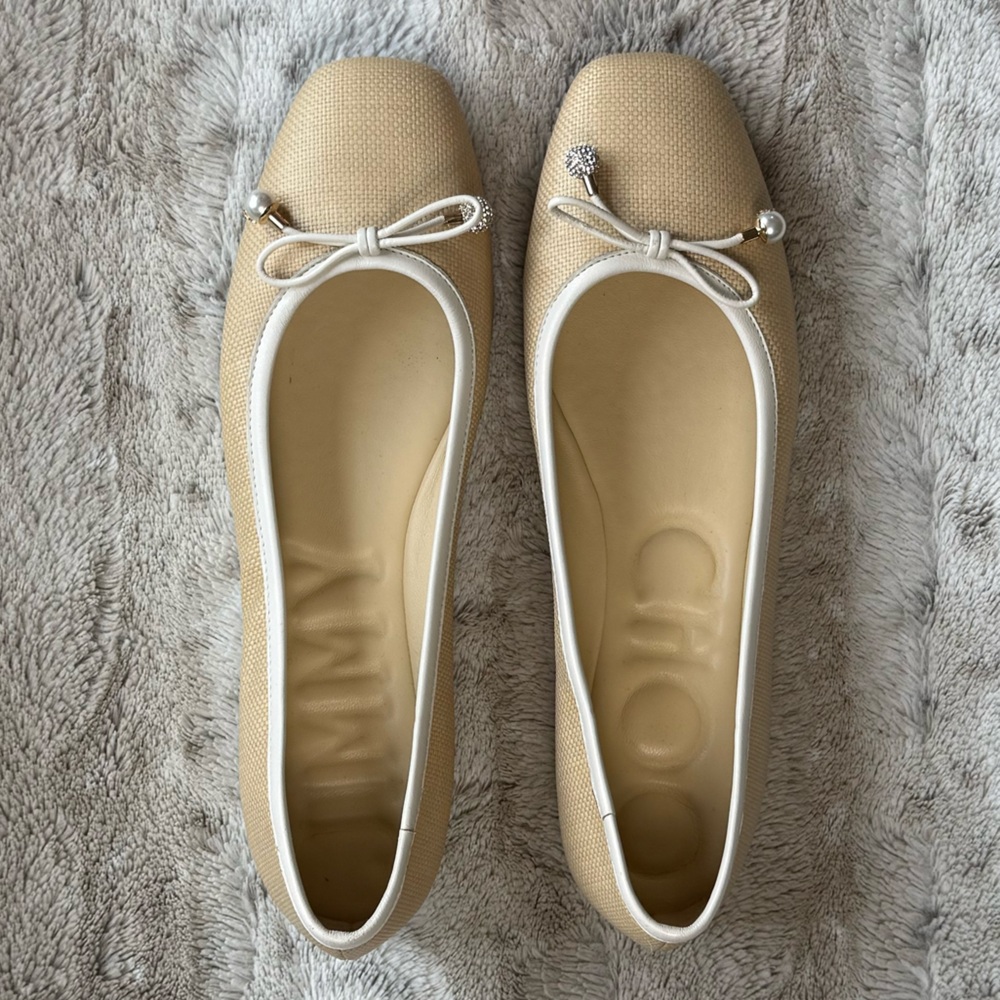JIMMY CHOO Elme embellished leather-trimmed raffia ballet flats Size IT 39.5 - Picture 6 of 15